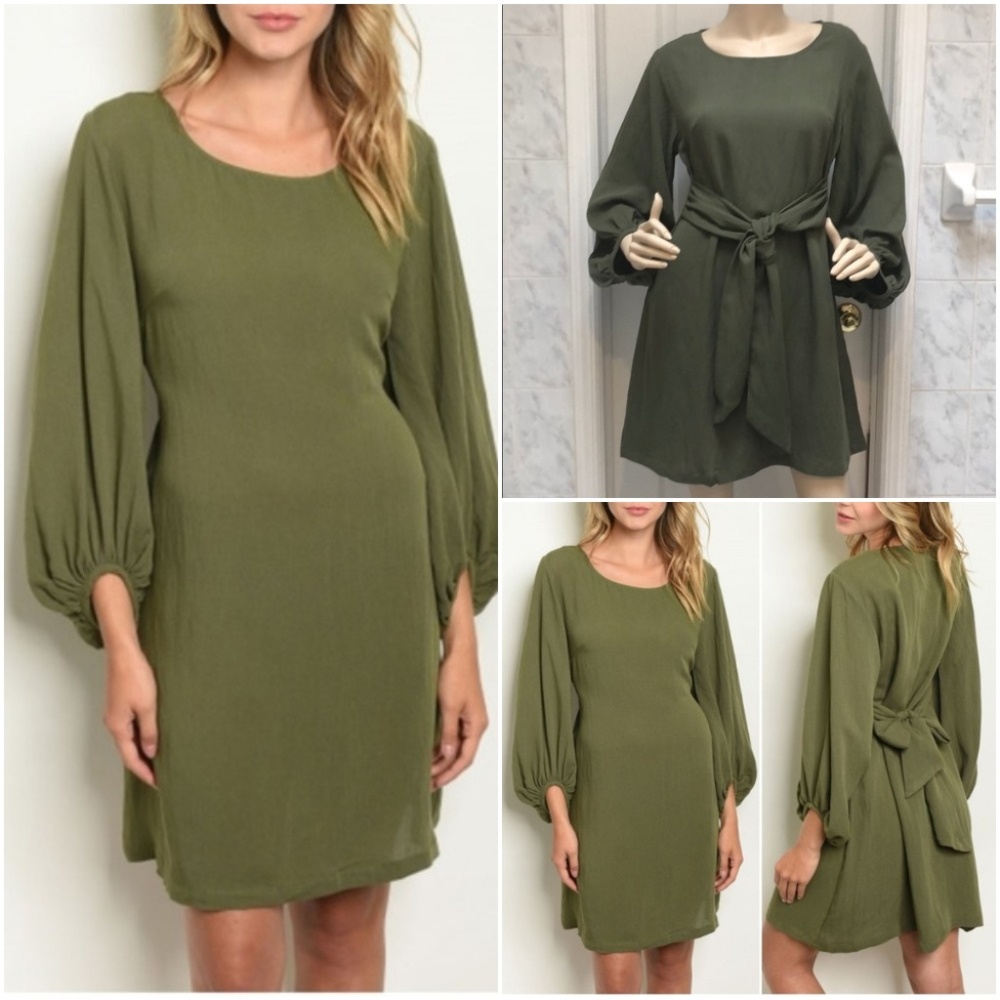 TIE FRONT OR BACK BELTED OLIVE DRESS - Picture 2 of 8